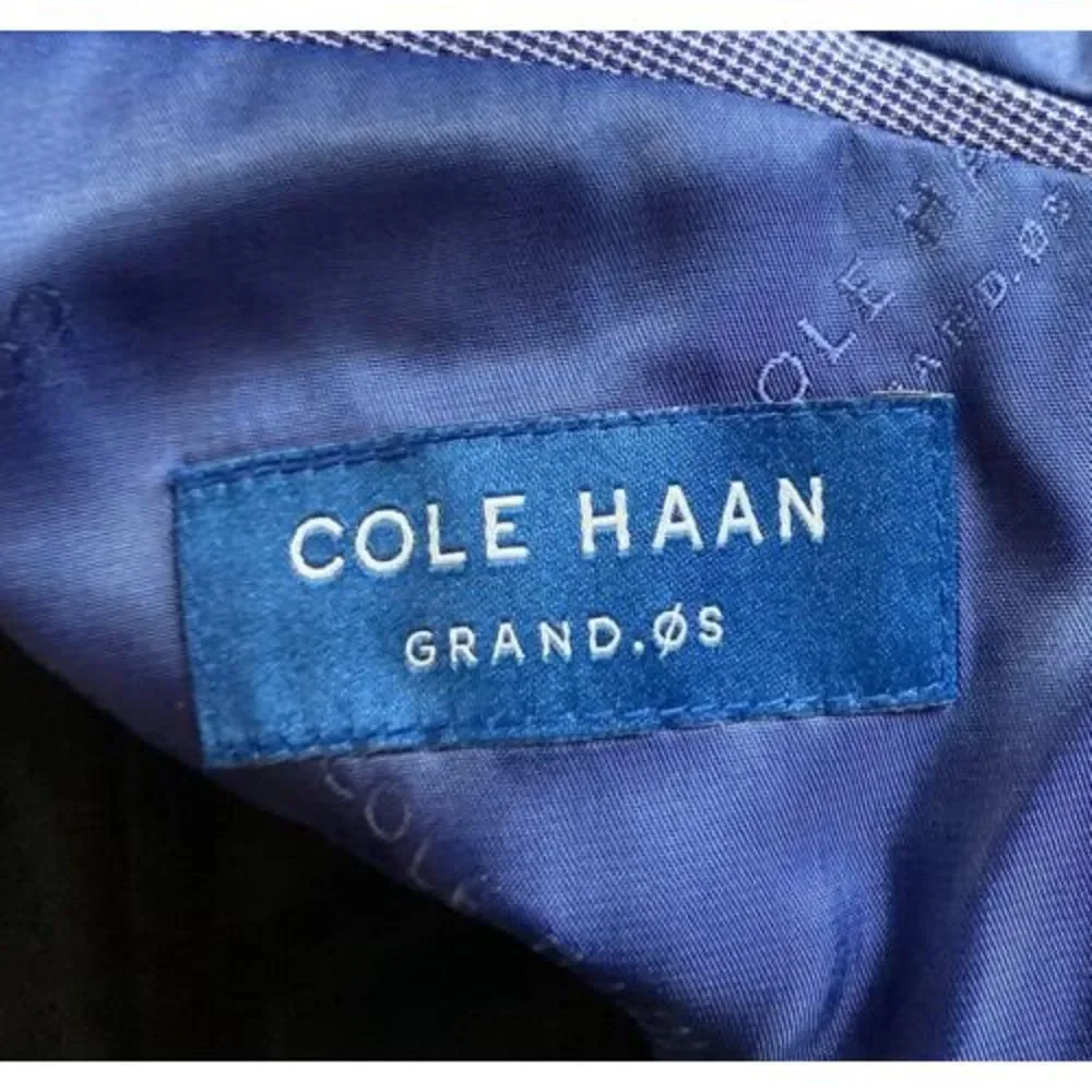 Mens Cole Haan 42L Blue/Gray Plaid Suit Jacket Wool Spandex Blazer 2 Button READ